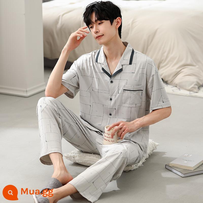 Bộ đồ ngủ nam cotton mùa hè quần ngắn tay nam cotton mỏng phần mùa hè cỡ lớn nửa tay nam phục vụ tại nhà phù hợp với - 63018 màu xám