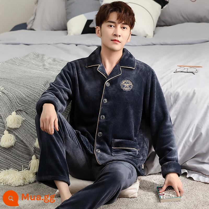 Bộ đồ ngủ nam mùa đông san hô nỉ dày cộng với nhung nam thu đông flannel nam size lớn thường mùa đông mặc nhà - 9008 màu xanh đen