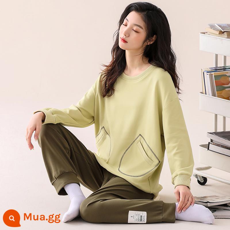 Bộ đồ ngủ nữ xuân thu cotton nguyên chất tay dài thu đông nữ 2022 bộ đồ mặc nhà thu đông nữ cotton mới - 23084 Màu Vàng Anh Thảo