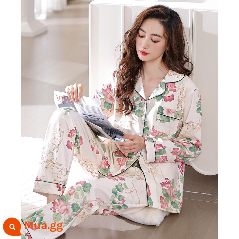 Bộ đồ ngủ nữ xuân thu dài tay cotton nguyên chất mẹ trung niên cotton thu đông nữ thu đông cỡ lớn phù hợp với dịch vụ tại nhà - 6787Hoa