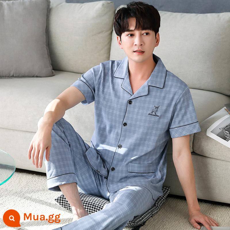 Bộ đồ ngủ nam cotton mùa hè quần ngắn tay nam cotton mỏng phần mùa hè cỡ lớn nửa tay nam phục vụ tại nhà phù hợp với - 9980 màu xanh