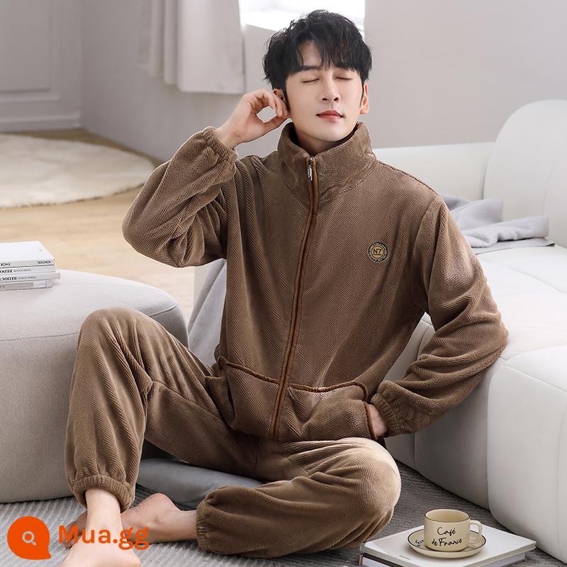 Bộ đồ ngủ nam mùa đông san hô nỉ dày cộng với nhung nam thu đông flannel nam size lớn thường mùa đông mặc nhà - 209 màu cà phê