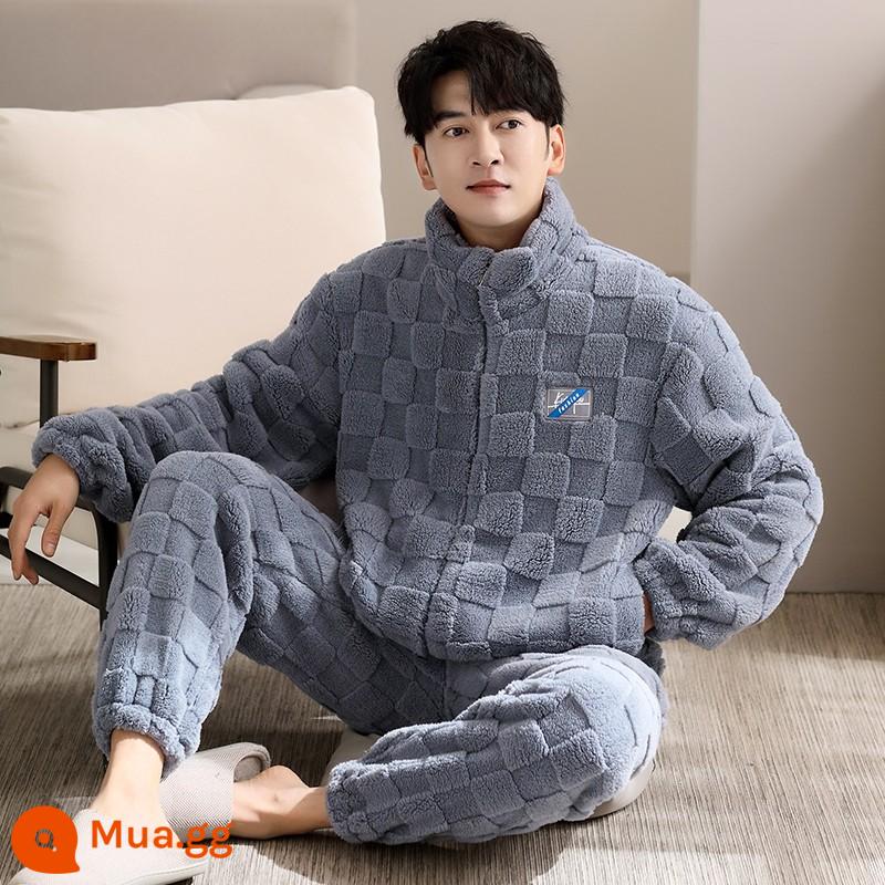 Bộ đồ ngủ nam mùa đông san hô nỉ dày Plus nhung ấm áp nam thu đông flannel nam mùa đông nhà quần áo - 8831 xanh xám