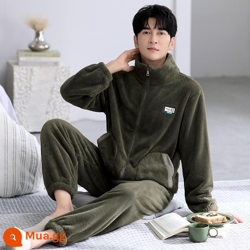 Bộ đồ ngủ nam mùa đông san hô nỉ dày cộng với nhung nam thu đông flannel nam size lớn thường mùa đông mặc nhà - 8847 màu xanh ô liu