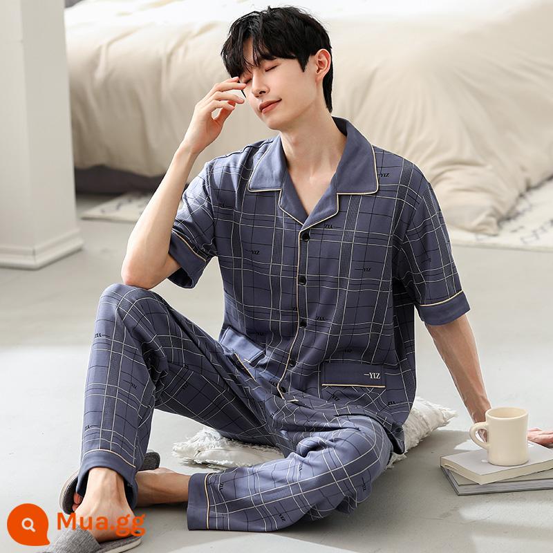 Bộ đồ ngủ nam cotton mùa hè quần ngắn tay nam cotton mỏng phần mùa hè cỡ lớn nửa tay nam phục vụ tại nhà phù hợp với - 63021 xám xanh