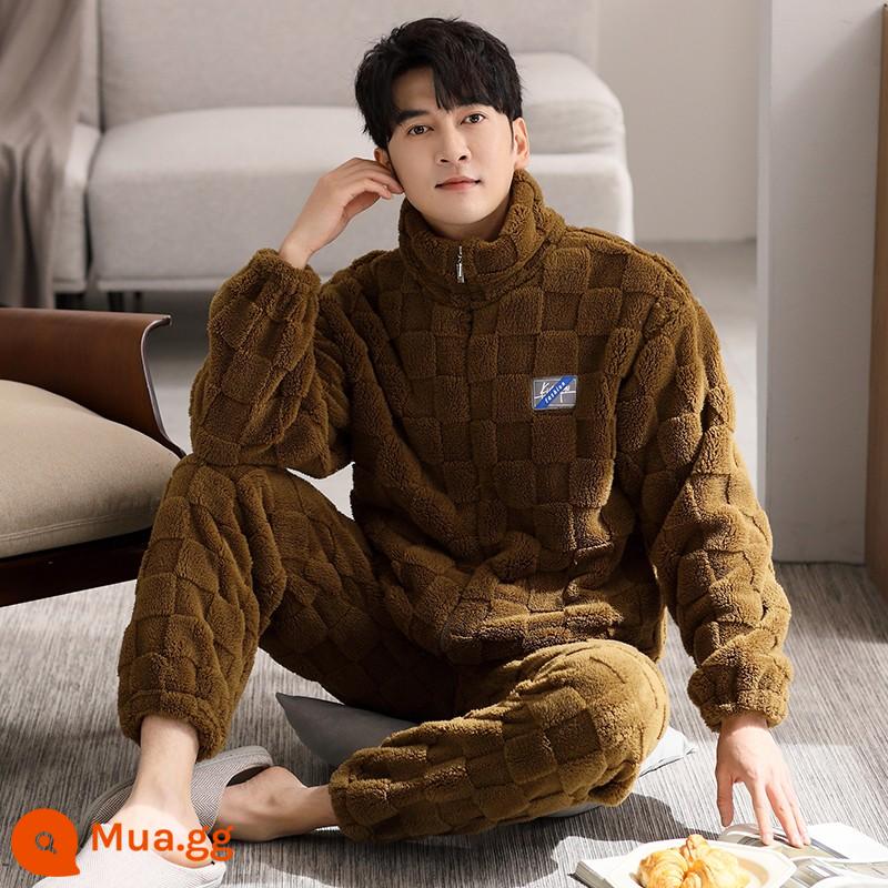 Bộ đồ ngủ nam mùa đông san hô nỉ dày Plus nhung ấm áp nam thu đông flannel nam mùa đông nhà quần áo - 8833 màu xanh ô liu