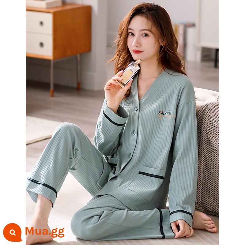 Bộ đồ ngủ nữ xuân thu cotton dài tay nữ thu đông 2022 cotton mới thu đông cao cấp dịch vụ tận nhà - 23087 đậu xanh