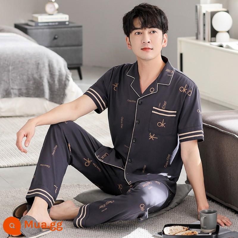 Bộ đồ ngủ nam cotton mùa hè quần ngắn tay nam cotton mỏng phần mùa hè cỡ lớn nửa tay nam phục vụ tại nhà phù hợp với - 2143 xám đen