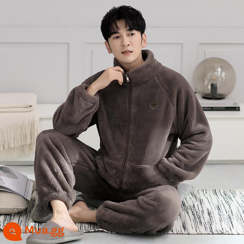 Bộ đồ ngủ nam mùa đông san hô nỉ dày cộng với nhung nam thu đông flannel nam size lớn thường mùa đông mặc nhà - 8837 cà phê xám ấm