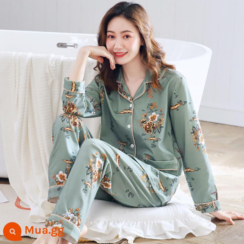 Bộ đồ ngủ nữ xuân thu dài tay cotton nguyên chất mẹ trung niên cotton thu đông nữ thu đông cỡ lớn phù hợp với dịch vụ tại nhà - 2271