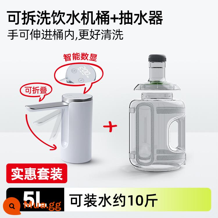 Nước lưu trữ nước gia đình cho xô nguyên chất, các thủy thủ khoáng chất rỗng, thực phẩm -chất phân phối nước cấp PC xô nước lưu trữ nước 5L - [Có thể tháo rời và giặt được] Bình uống nước 5L + bộ bơm nước