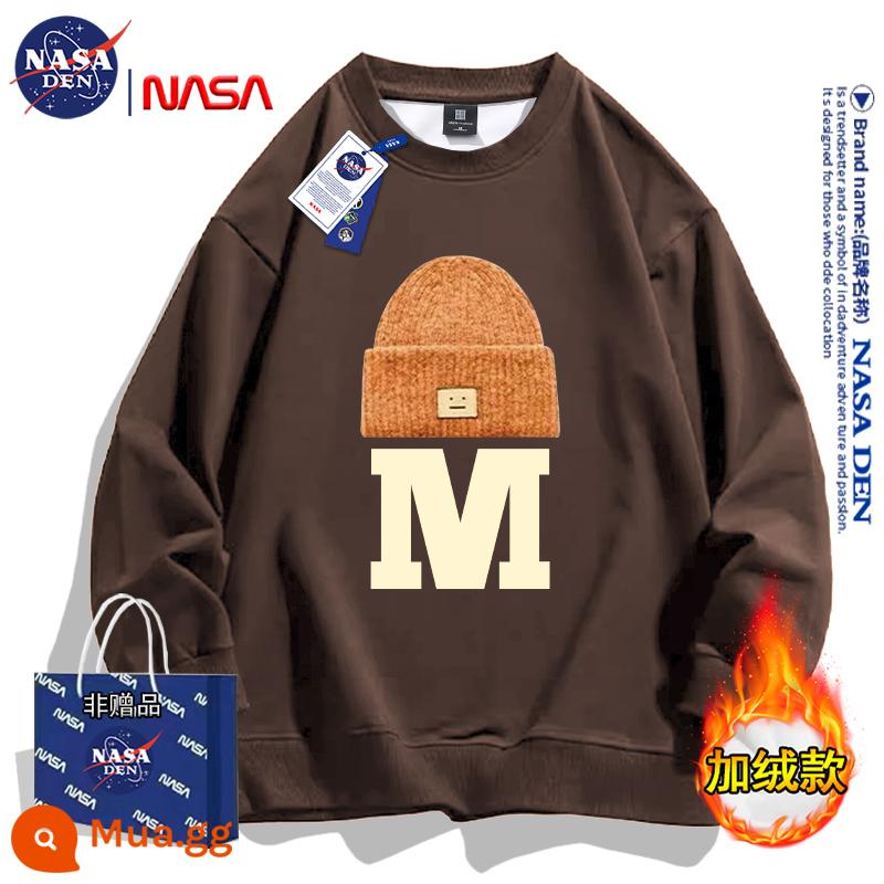 NASA đồng thương hiệu Mỹ hạng nặng mùa đông dài tay cotton dày T thương hiệu hợp thời trang dành cho nữ, dáng rộng cổ tròn cộng với áo sơ mi dày nhung dành cho cặp đôi - Màu nâu (cộng với nhung)