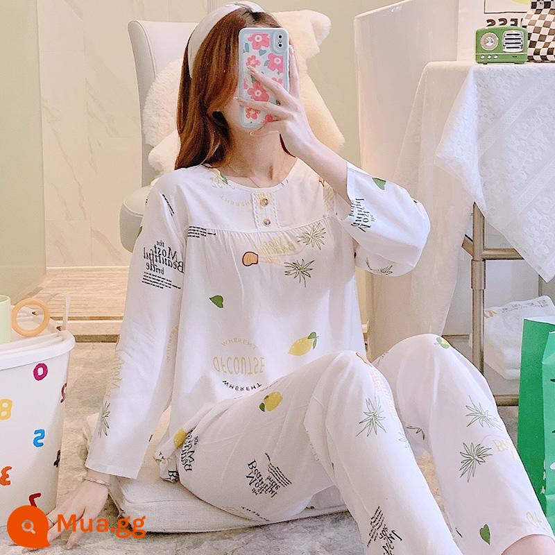 Bộ đồ ngủ cotton lụa mùa xuân và mùa thu mới 2023 cho nữ mùa hè mỏng cotton lụa mùa hè bộ quần áo mặc ở nhà điều hòa không khí - Áo thun dài tay J hình lá lúa trắng nữ tính