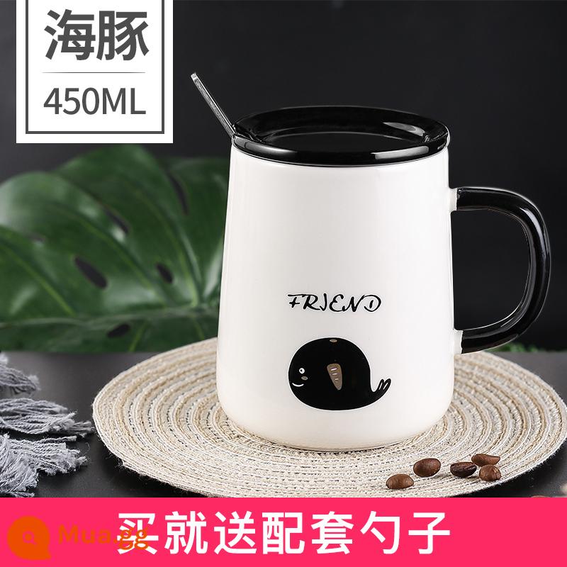 Cốc cà phê gốm uống nước nữ cá tính sáng tạo xu hướng công sở nam có nắp thìa cặp đôi nhà - Cá heo dễ thương [ấm áp và tinh tế]