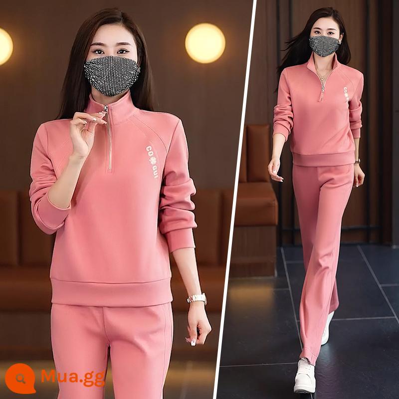 Bộ đồ thể thao nữ quần áo mùa thu mới thời trang Hàn Quốc cotton áo nỉ giảm béo bộ đồ chạy bộ mùa xuân và mùa thu thường ngày hai mảnh - Màu hồng (thời trang và ưa nhìn)