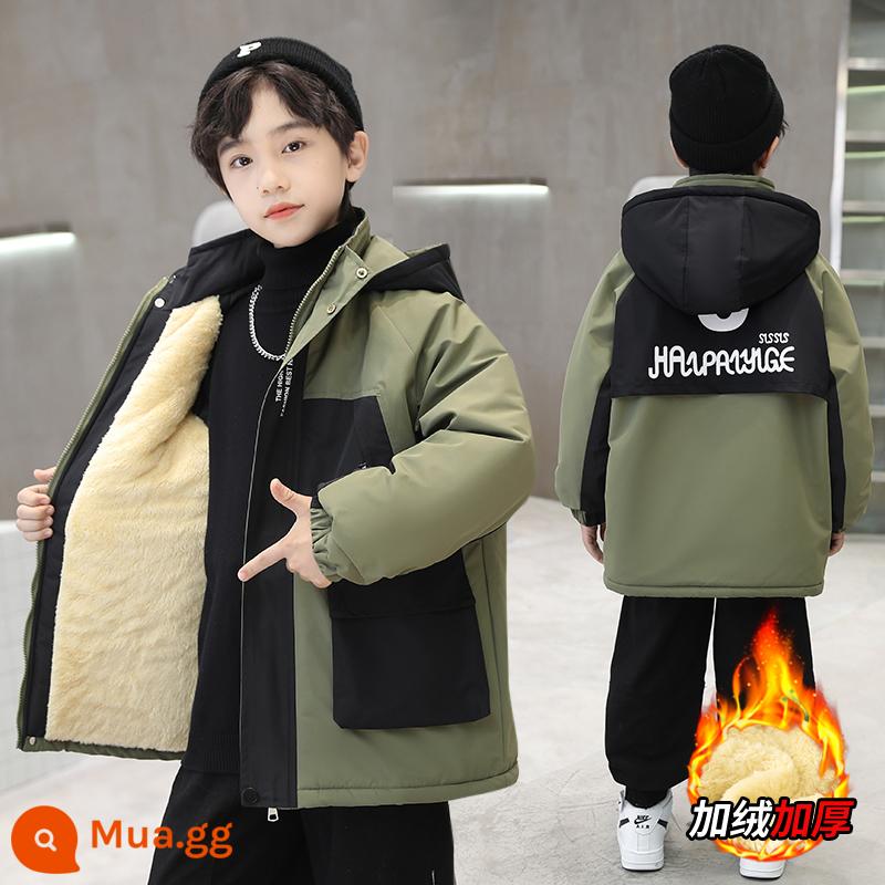 Áo khoác nhung thu đông bé trai, vest trẻ em, áo khoác, áo gió dày, parka, vest cotton mùa đông cho bé vừa và lớn, đẹp - LBS-8109-Áo khoác nhung năm ký tự-Xanh quân đội