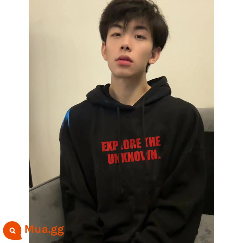 Áo len nặng màu trắng và xám của Mỹ nam mùa thu đông thương hiệu hợp thời trang 2024 áo hoodie chui đầu mới áo khoác nhung cao cấp - đen