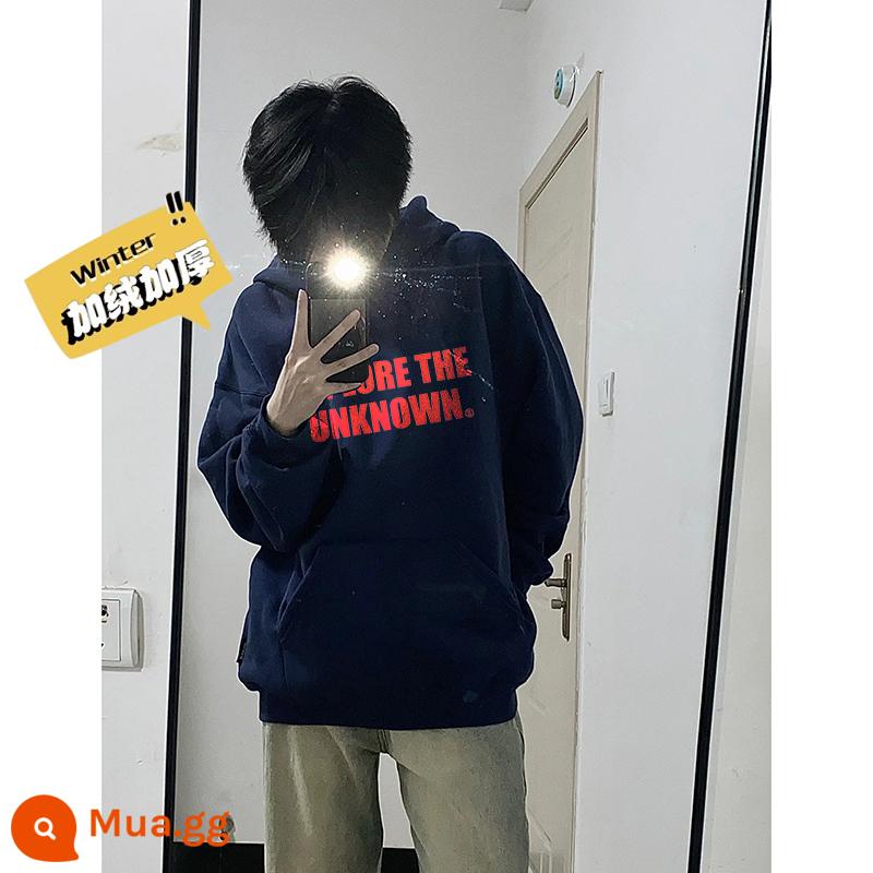 Áo len nặng màu trắng và xám của Mỹ nam mùa thu đông thương hiệu hợp thời trang 2024 áo hoodie chui đầu mới áo khoác nhung cao cấp - thú nhồi bông màu xanh hải quân