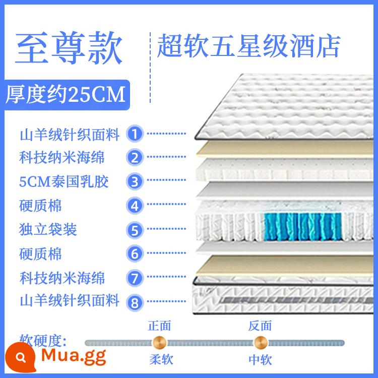 Nệm cá ngựa Simmons top ten thương hiệu nổi tiếng dày 20cm mềm cứng đa dụng giường 1.8m đệm lò xo cao su dừa cọ - Khách sạn 5 sao: cashmere + túi lò xo + mủ cao su 5cm, siêu mềm 25cm