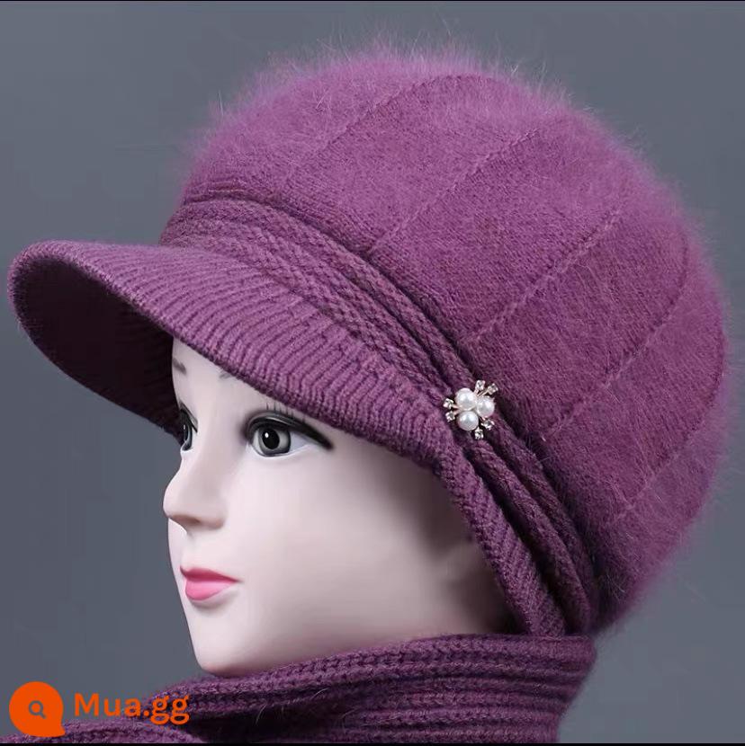 Mùa đông mũ mẹ nữ cao tuổi bà cộng nhung thỏ mũ len trung niên và cao tuổi mũ ấm mũ cotton dệt kim dày - da tím