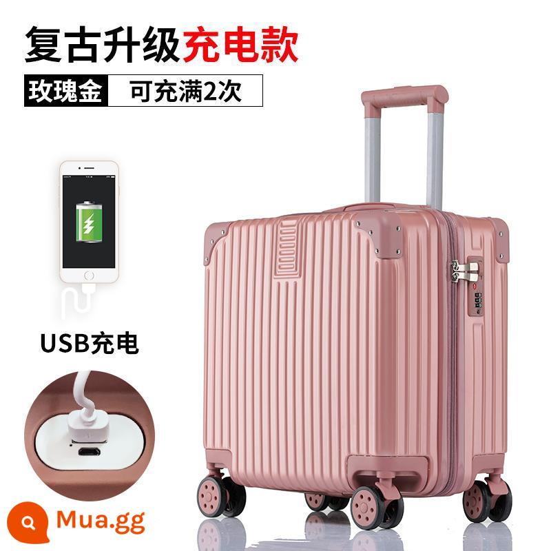 Vali mini ánh sáng túi nhỏ lên máy bay xe đẩy 20 cái hộp du lịch mật khẩu nam nhỏ 18 inch phiên bản Hàn Quốc - Vàng hồng cổ điển (có chức năng sạc)