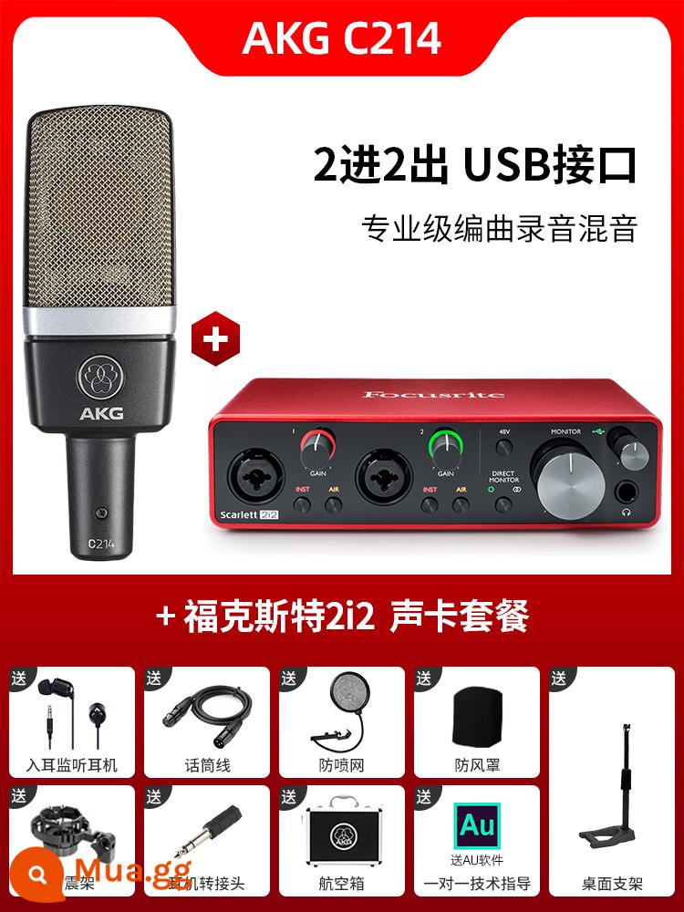 Micro điện dung AKG C214 chuyên nghiệp lớn màng thu âm trực tiếp K bài hát micro ghi âm thanh nhạc cụ ghi âm - Gói C214+2i2