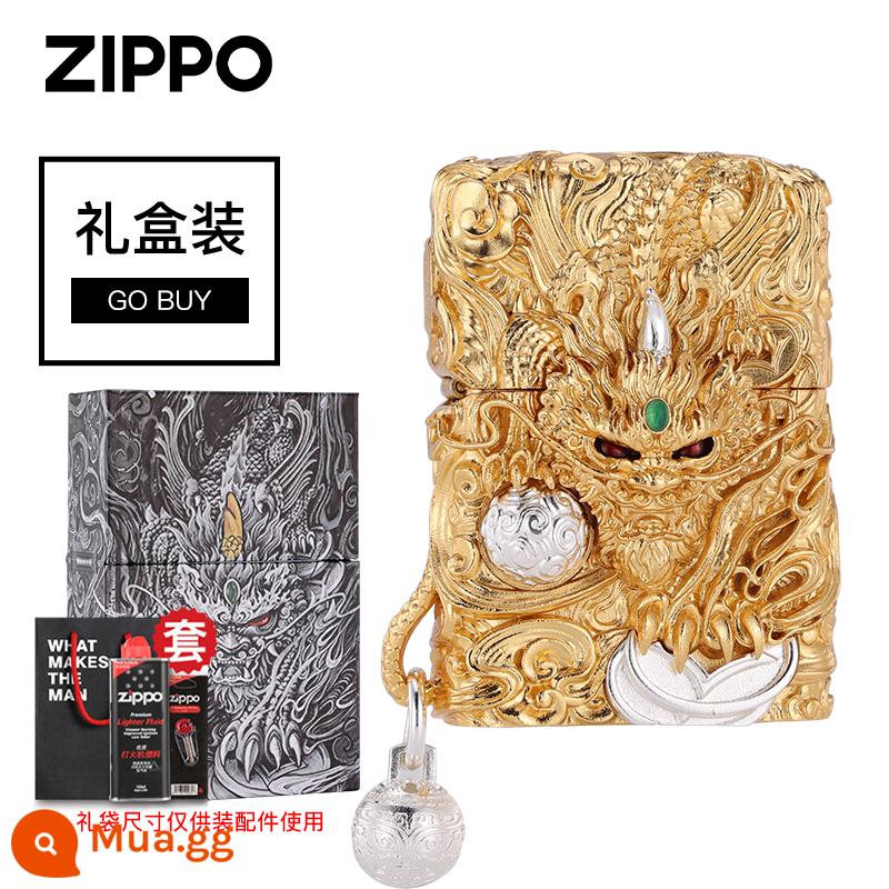 Bật lửa zippo chính hãng, cơ chế thông minh, tỳ hưu may mắn, bộ sưu tập chống gió nam chính hãng chính hãng, quà tặng - [Bộ] Tỳ hưu mạ vàng cơ chế thông minh bao gồm giấy chứng nhận và mặt dây chuyền