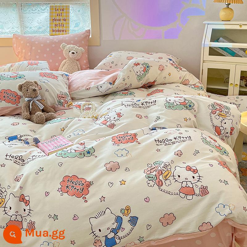 Dễ Thương Mèo HelloKitty Cotton Bộ 4 Cotton Nguyên Chất Hoạt Hình Cô Gái Trái Tim Giường Vỏ Chăn 3 Bộ - em yêukt