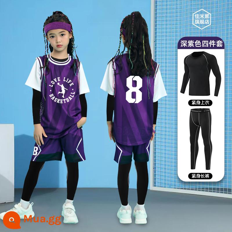 Bộ quần áo thể thao nhanh khô cho trẻ em Jersey bóng rổ cậu bé tùy chỉnh trò chơi phù hợp với đào tạo mùa thu và mùa đông đáy đồng phục bóng rổ bốn mảnh - B312 Bộ đồ tứ thân tím đậm + LOVE dunk + Số 8