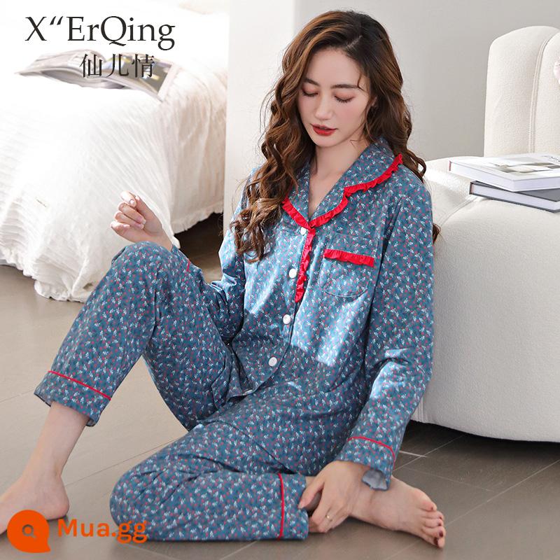 Bộ đồ ngủ nữ cotton nguyên chất dài tay mùa xuân và mùa thu đông áo len cỡ lớn rời mẹ trung niên phục vụ tại nhà mùa hè phù hợp với mỏng - C6796 Aberdeen-Hoa