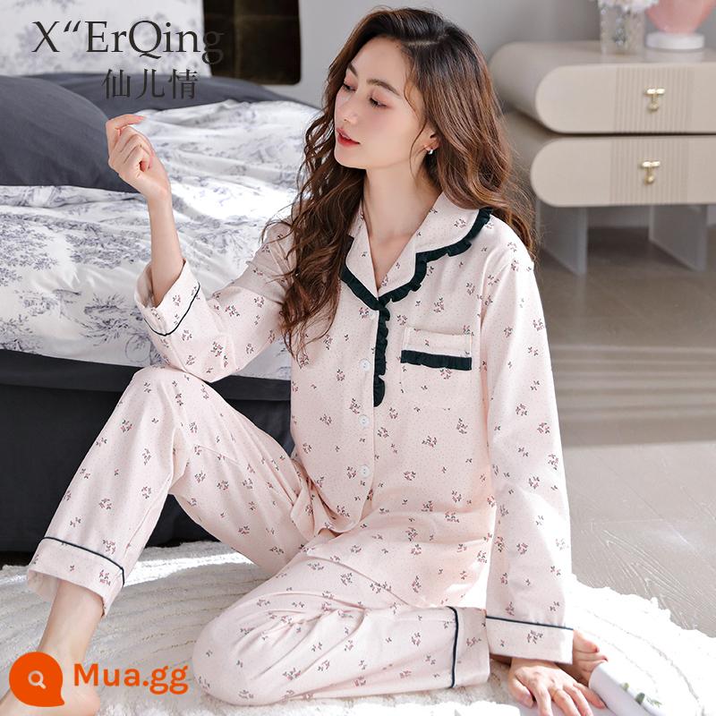 Bộ đồ ngủ nữ cotton nguyên chất dài tay mùa xuân và mùa thu đông áo len cỡ lớn rời mẹ trung niên phục vụ tại nhà mùa hè phù hợp với mỏng - C6790 Màu hồng gradient