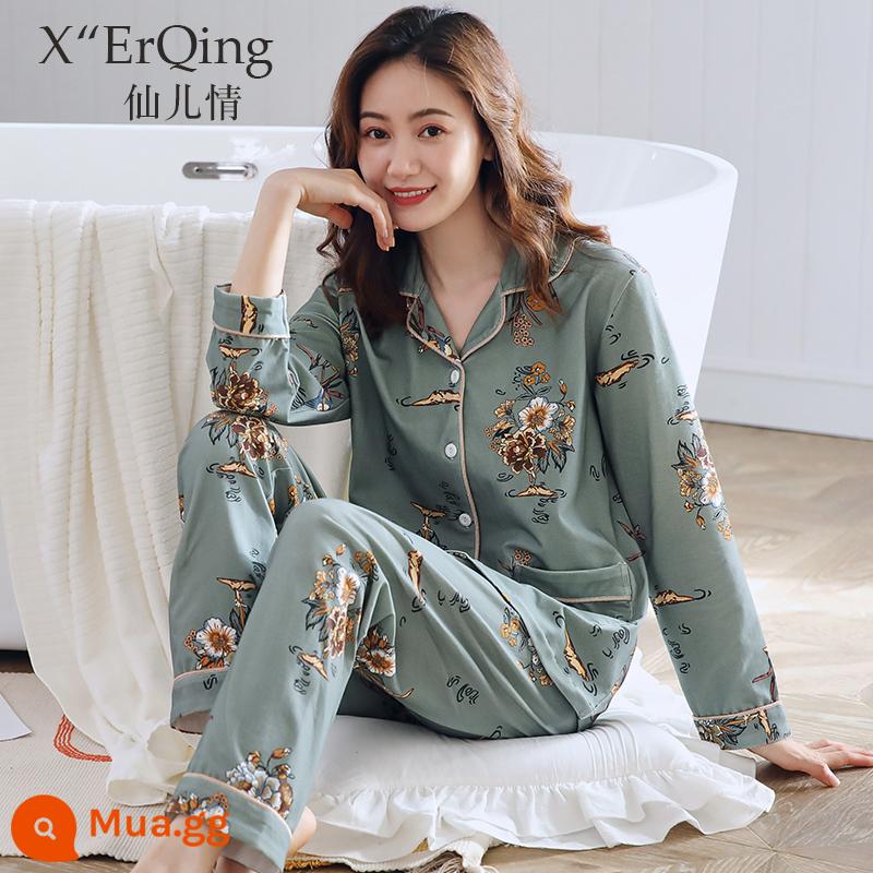 Bộ đồ ngủ nữ cotton nguyên chất dài tay mùa xuân và mùa thu đông áo len cỡ lớn rời mẹ trung niên phục vụ tại nhà mùa hè phù hợp với mỏng - C2271 Hoa xanh xám