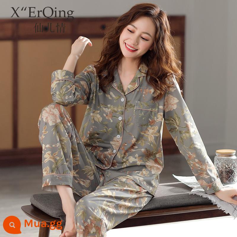 Bộ đồ ngủ nữ cotton nguyên chất dài tay mùa xuân và mùa thu đông áo len cỡ lớn rời mẹ trung niên phục vụ tại nhà mùa hè phù hợp với mỏng - C1117 Hoa dianthus màu