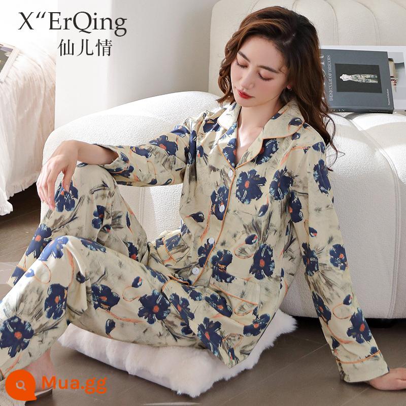 Bộ đồ ngủ nữ cotton nguyên chất dài tay mùa xuân và mùa thu đông áo len cỡ lớn rời mẹ trung niên phục vụ tại nhà mùa hè phù hợp với mỏng - C6793 Guhuang-Hoa