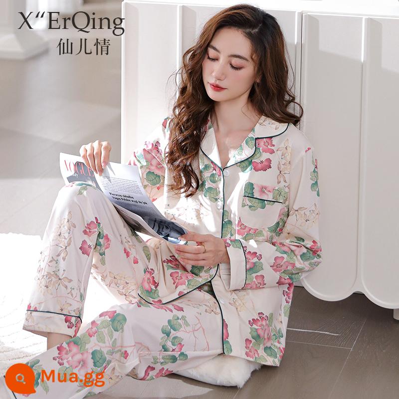 Bộ đồ ngủ nữ cotton nguyên chất dài tay mùa xuân và mùa thu đông áo len cỡ lớn rời mẹ trung niên phục vụ tại nhà mùa hè phù hợp với mỏng - C6787 Bột sen-Hoa