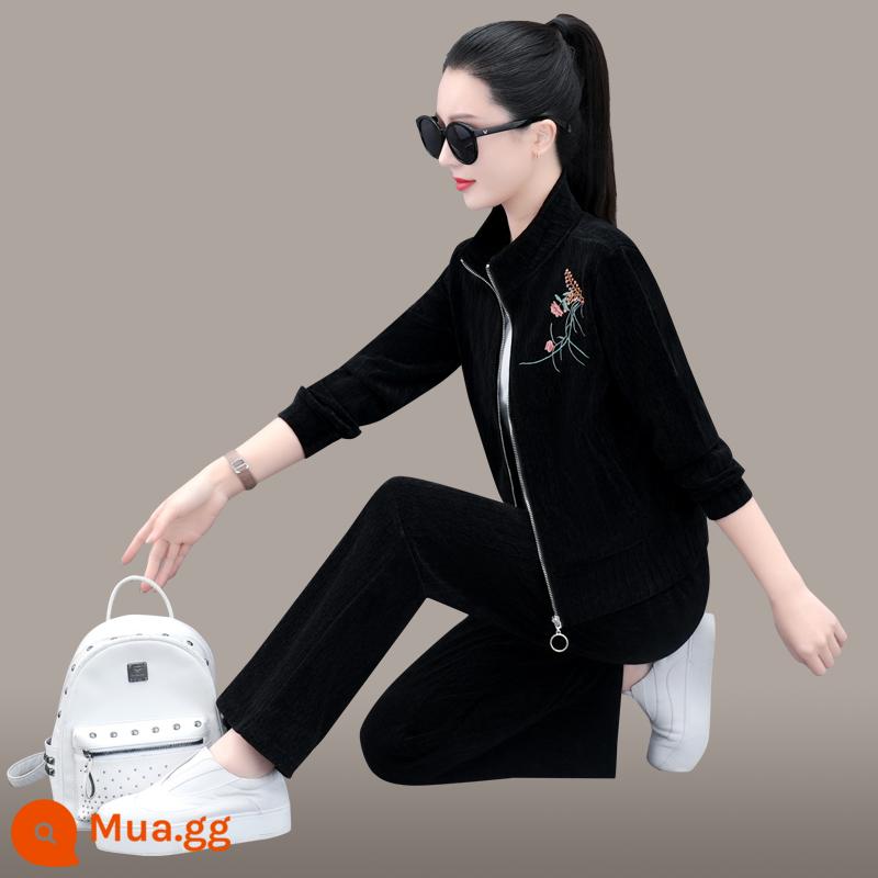 Bộ đồ thể thao nữ phù hợp với mùa xuân và mùa thu 2023 mới quần ống rộng slim cardigan cotton dày T giản dị chạy ba mảnh phù hợp với - đen