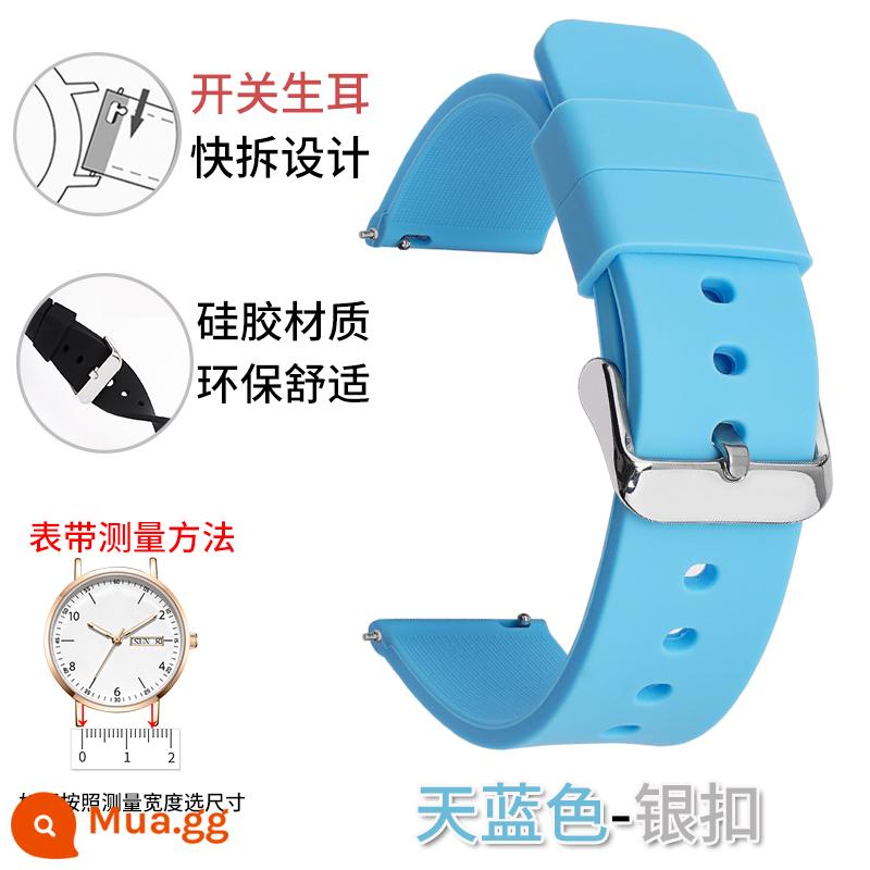 Dây đeo silicone unisex Smart Watch thể thao chống thấm mồ hôi giao diện phẳng khóa pin nữ 20/22/24mm thay thế - Khóa bạc màu xanh da trời