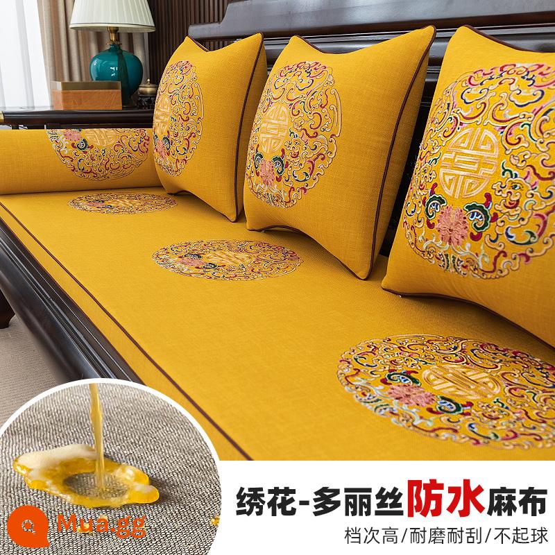 Mới kiểu Trung Quốc đệm sofa gỗ gụ đặc chế sofa gỗ chắc chắn xốp dừa cọ đệm Luohan giường cao su đệm ghế chống trơn trượt - Phiên bản chống nước Millennium-Golden/Nâng cấp 2.0 [thêu vải lanh]