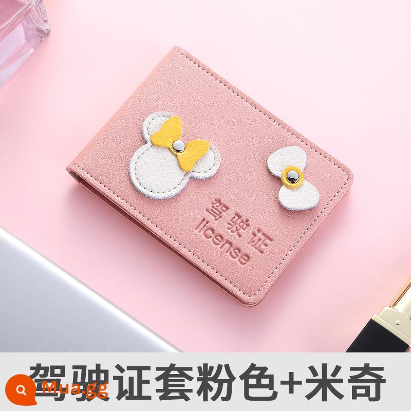 Bao da bằng lái xe bằng lái xe bộ bằng lái xe cặp da đỏ lưới nữ cao cấp Vỏ bảo vệ mọi chuyển động cho ô tô - Da thật màu hồng + Mickey [6 ngăn đựng thẻ]