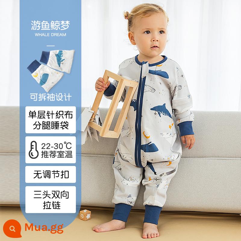 Túi ngủ cho bé xuân thu hai lớp cotton nguyên chất Túi ngủ xẻ chân cho bé Mùa thu đông phòng máy lạnh chăn bông chống đá đa năng - Cá voi xanh hải quân mùa hè một lớp