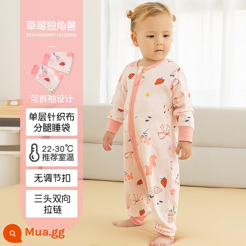 Túi ngủ cho bé xuân thu hai lớp cotton nguyên chất Túi ngủ xẻ chân cho bé Mùa thu đông phòng máy lạnh chăn bông chống đá đa năng - Lớp đơn mùa hè dâu tây màu lục lam