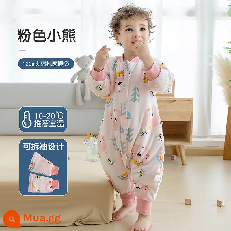 Túi ngủ cho bé xuân thu hai lớp cotton nguyên chất Túi ngủ xẻ chân cho bé Mùa thu đông phòng máy lạnh chăn bông chống đá đa năng - Gấu kháng khuẩn (120g chần bông) nhiệt độ áp dụng 10-20 độ