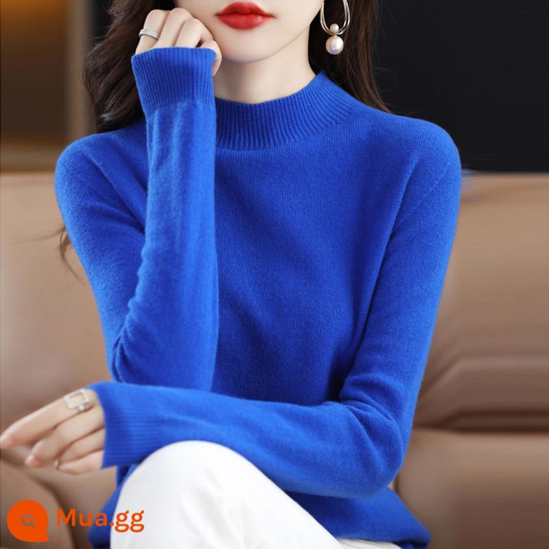 Hengyuanxiang 100 áo len cashmere nguyên chất nữ 2022 mới áo len nữ rộng rãi cỡ lớn mùa thu đông nửa cao cổ chạm đáy áo sơ mi - Màu xanh Klein (nhận hàng = ưu tiên giao hàng)