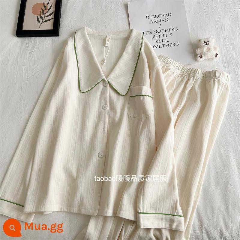 Bộ đồ ngủ dài tay bằng cotton nguyên chất màu trơn cao cấp dành cho nữ phong cách khí chất mùa xuân và mùa thu bộ đồ hai mảnh phục vụ tại nhà bằng cotton dành cho nữ - 18084-Cổ vuông màu hoa mai nhạt