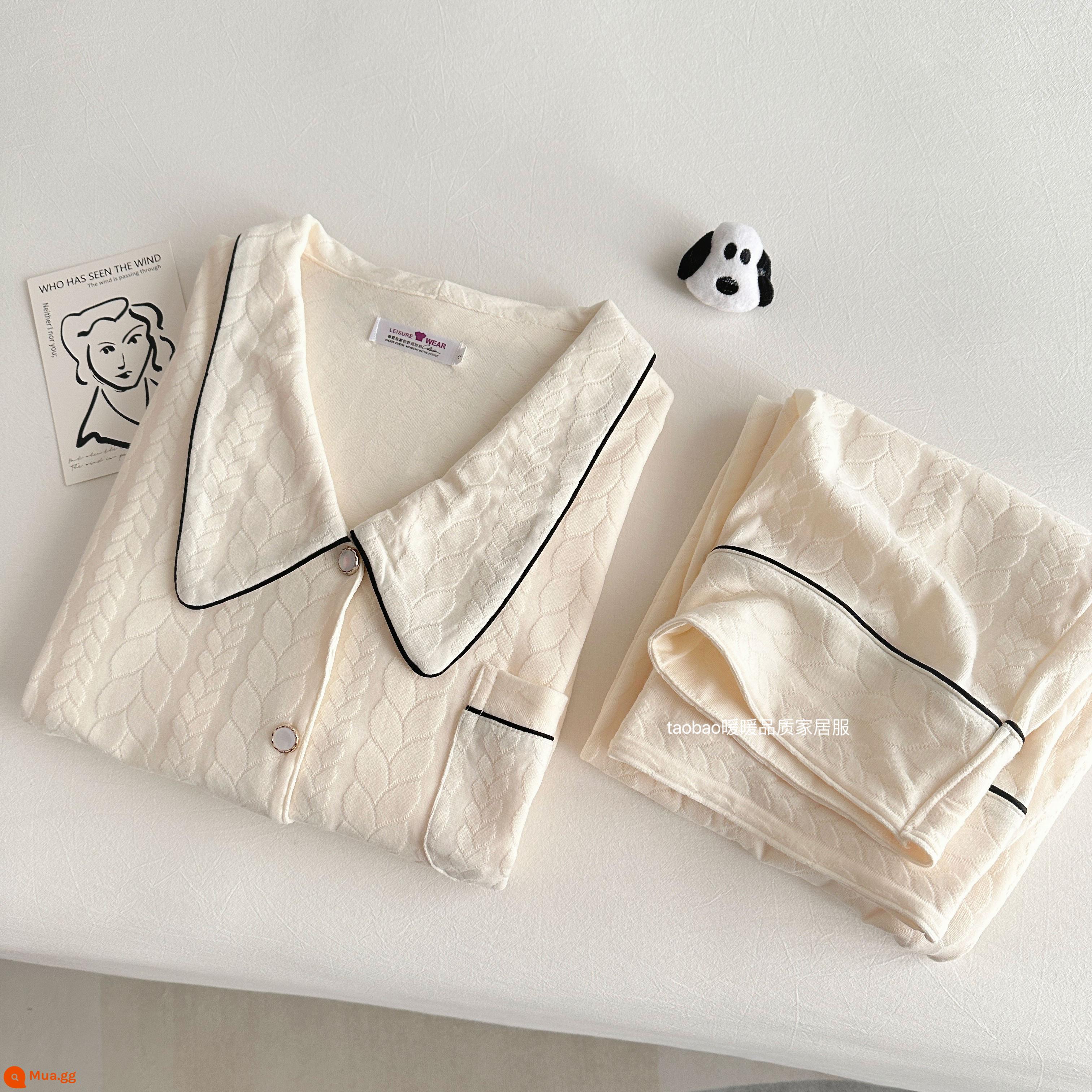 Bộ đồ ngủ dài tay bằng cotton nguyên chất màu trơn cao cấp dành cho nữ phong cách khí chất mùa xuân và mùa thu bộ đồ hai mảnh phục vụ tại nhà bằng cotton dành cho nữ - 9885-viền đen