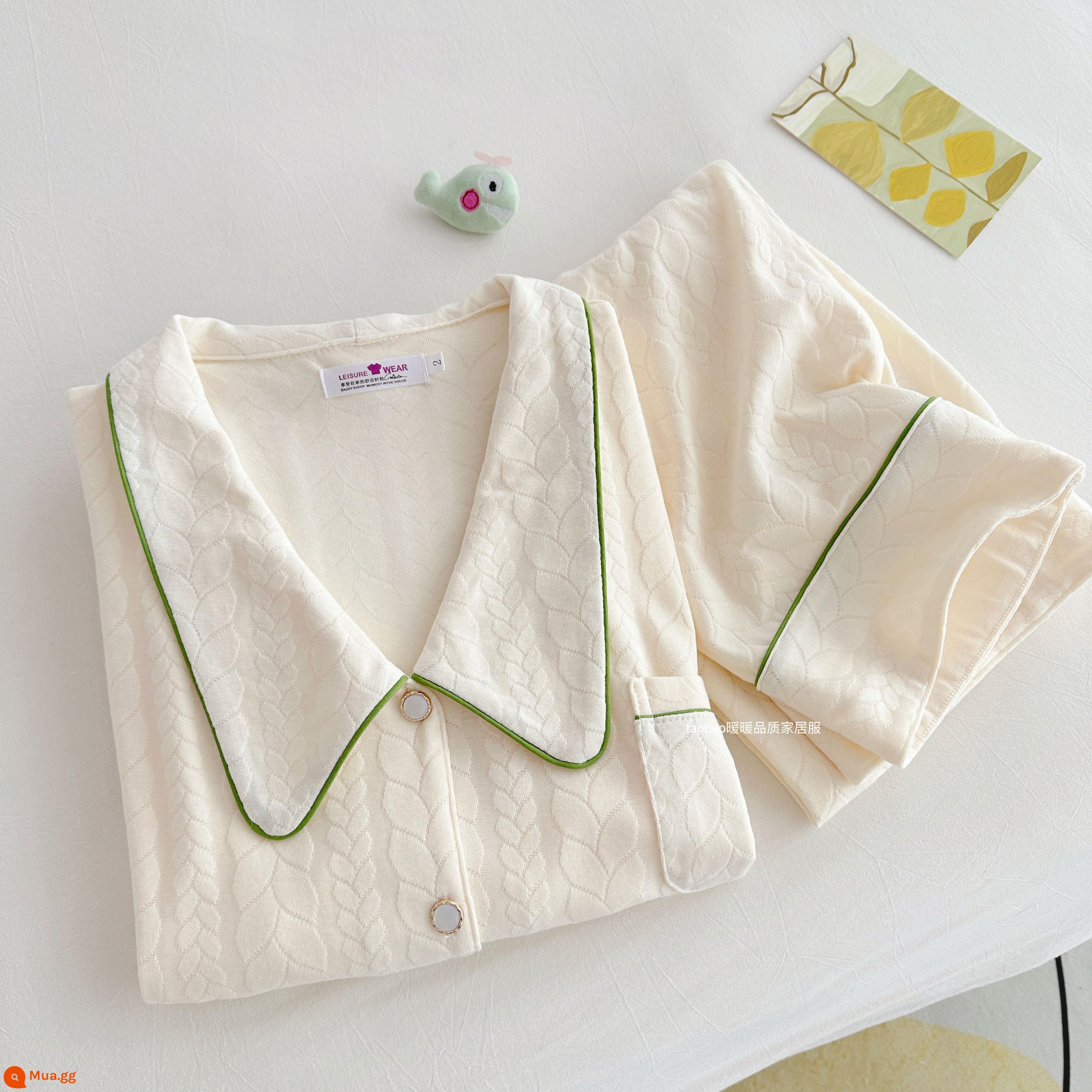 Bộ đồ ngủ dài tay bằng cotton nguyên chất màu trơn cao cấp dành cho nữ phong cách khí chất mùa xuân và mùa thu bộ đồ hai mảnh phục vụ tại nhà bằng cotton dành cho nữ - 9885-cạnh xanh