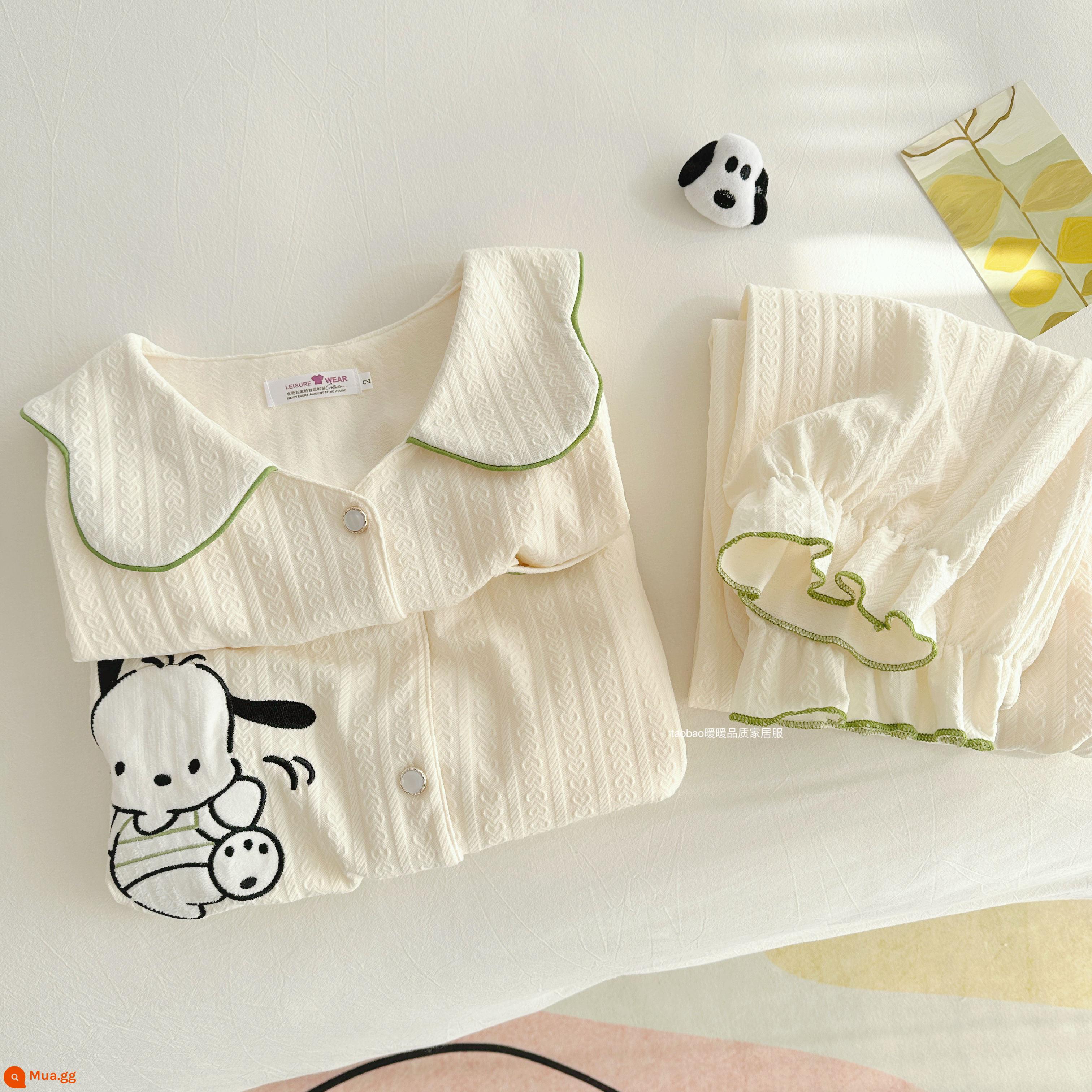 Bộ đồ ngủ dài tay bằng cotton nguyên chất màu trơn cao cấp dành cho nữ phong cách khí chất mùa xuân và mùa thu bộ đồ hai mảnh phục vụ tại nhà bằng cotton dành cho nữ - 98808-cạnh xanh