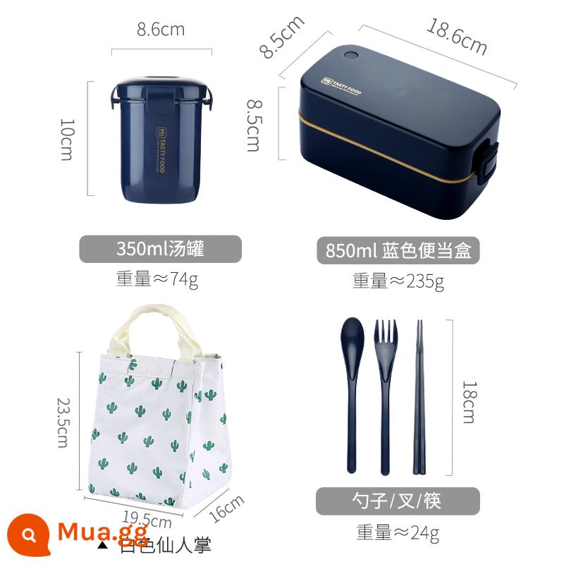 Hộp cơm bento hai lớp kiểu Pháp kiểu Nhật có thể hâm nóng bằng lò vi sóng dành cho dân văn phòng đặc biệt đồ ăn nhẹ và hộp cơm học sinh giảm béo - Xanh dương+Bộ đũa thìa+Dây ăn trưa+Lon súp