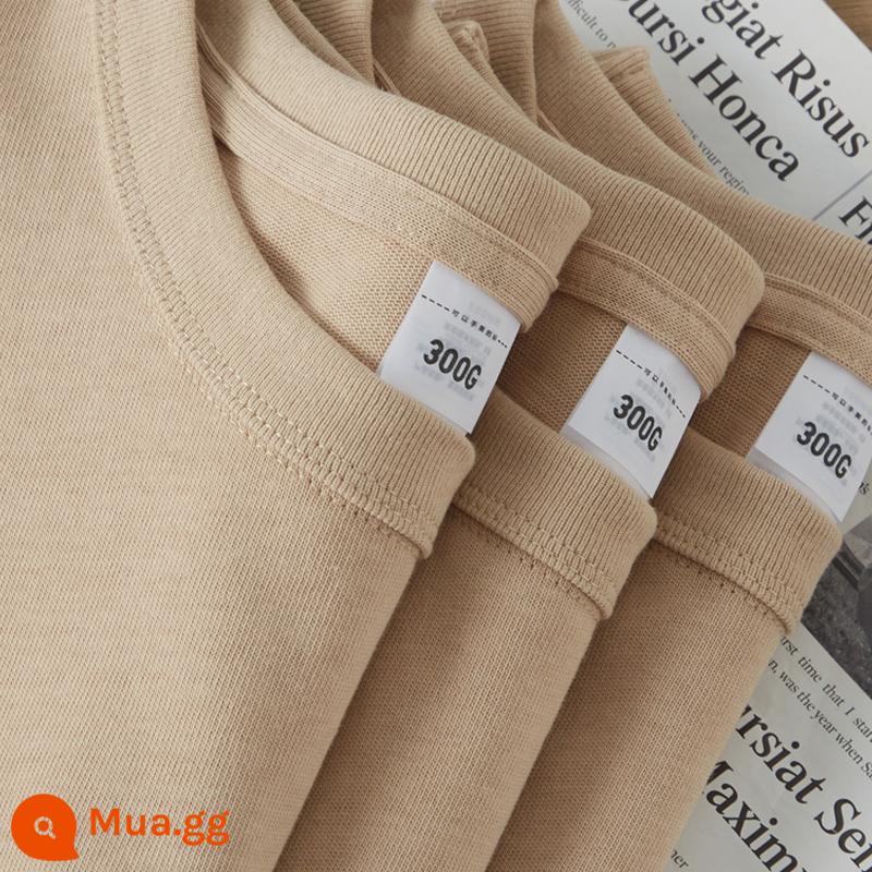 Áo thun cotton ngắn tay nặng 300g, màu trắng, màu trơn, thương hiệu hợp thời trang, cổ tròn, kaki Ami cổ điển của Mỹ dành cho nam và nữ - [Nặng 300g] Kaki/Giặt cổ điển Mỹ/Khôi phục 89 ngay lập tức!