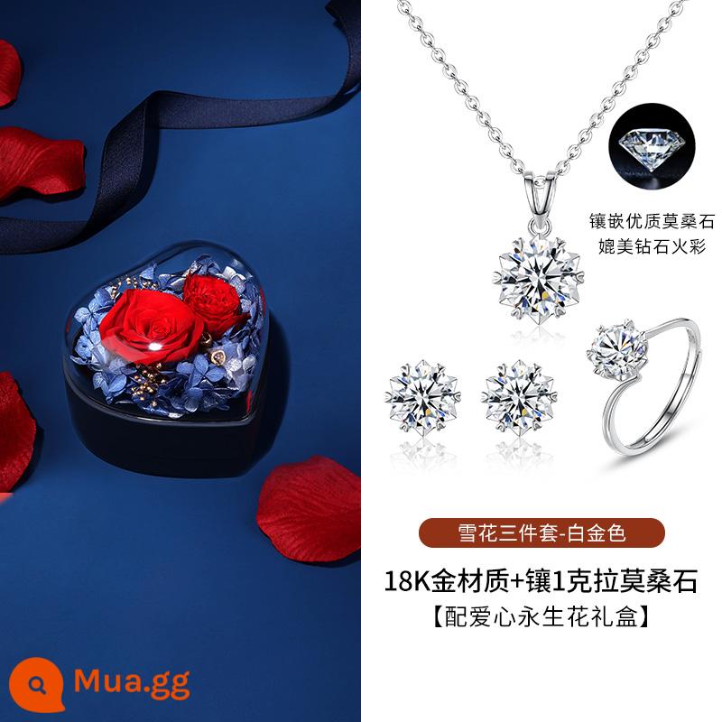 Vàng hồng 18k moissanite vòng cổ nữ 2022 mới xương đòn nhẹ sang trọng ngách 1 carat quà tặng Giáng Sinh - [Vàng trắng 18k] Bộ ba món 1 carat (vòng cổ + bông tai + nhẫn) + hộp quà hoa vĩnh cửu tình yêu